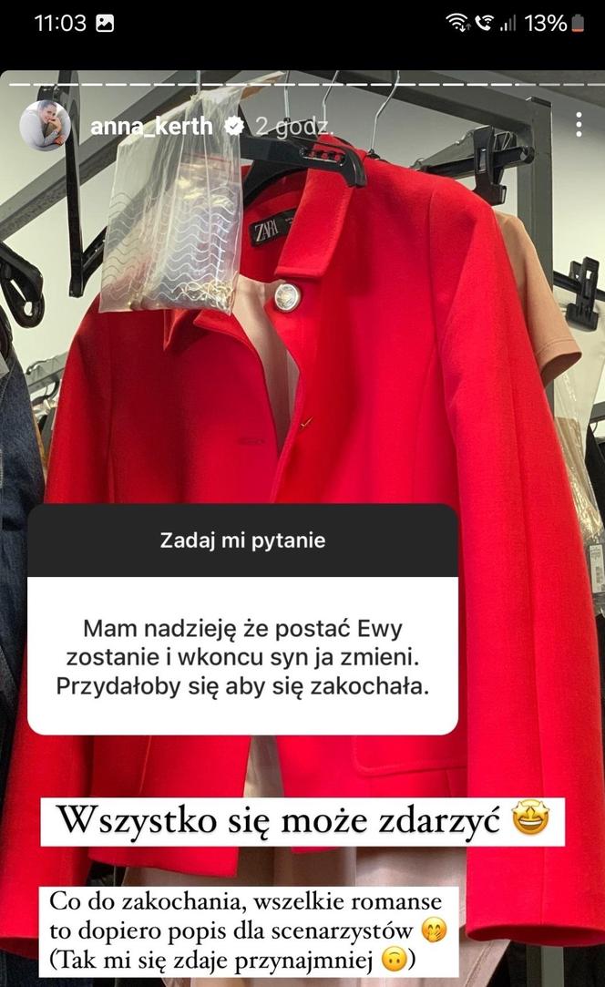 Anna Kerth (Ewa Kalinowska) z M jak miłość na Instagramie o zniknięciu z serialu