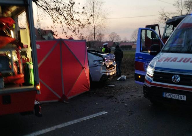 Śmiertelny wypadek pod Poddębicami. Nie żyje kierowca białego BMW, dwie osoby ranne [ZDJĘCIA]