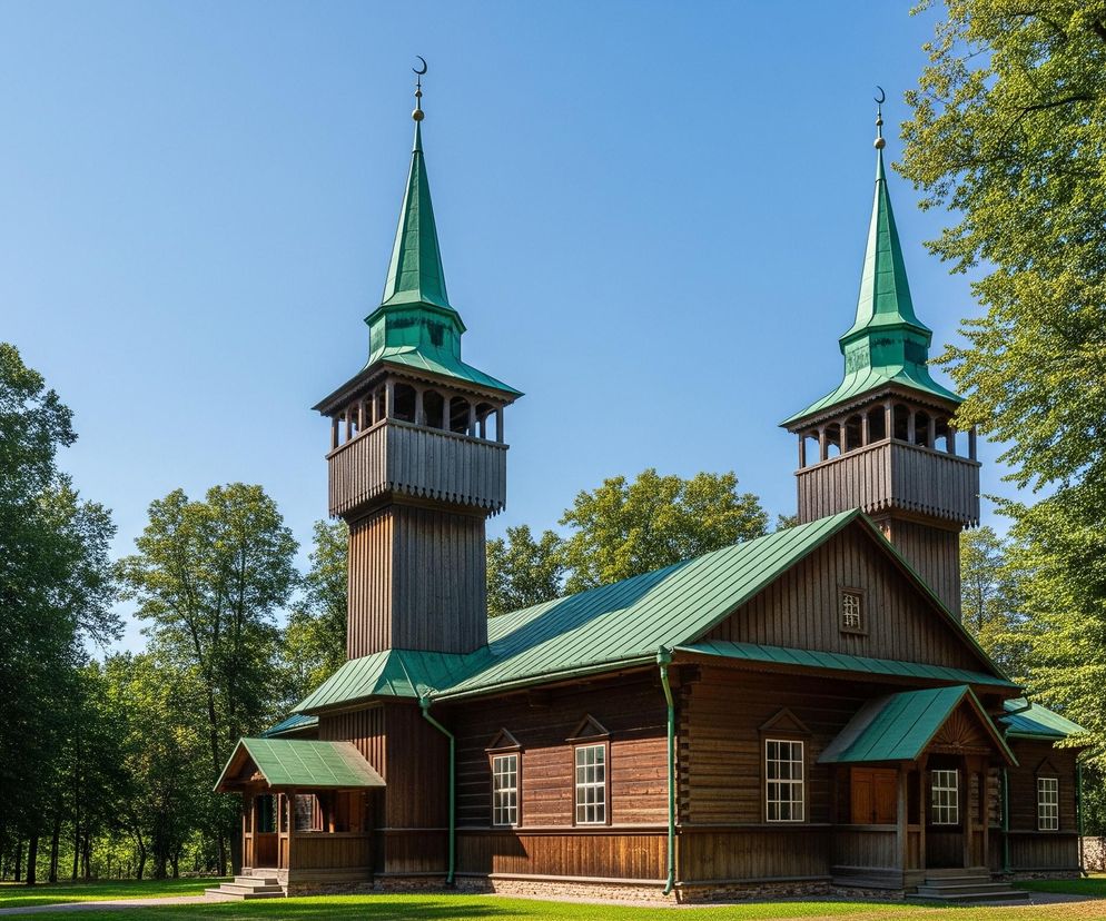 Drewniany budynek z dwoma minaretami o spiczastych, zielonych dachach dominuje centralną część kadru. Na szczycie każdego minaretu widoczny jest złoty półksiężyc. Budynek, wykonany z ciemnego drewna, posiada również zielony, dwuspadowy dach, a jego ściany ozdobione są rzędami okien z białymi ramami. Przed frontowym wejściem znajduje się niewielki zadaszony ganek z drewnianymi schodami. Całość otacza jasna, zielona trawa i gęste, wysokie drzewa o soczysto zielonych liściach, a tło stanowi czyste, błękitne niebo.