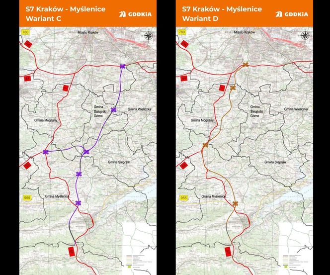 Sześć wariantów przebiegu trasy S7