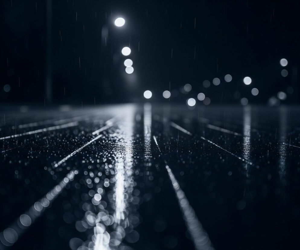 Nocna scena ulicy oświetlonej lampami ulicznymi, deszcz odbija światło na ciemnym asfalcie. Liczne, rozmyte krople deszczu spadają pionowo, tworząc smugi widoczne na ciemnym tle. Powierzchnia drogi, widoczna w perspektywie, pokryta jest błyszczącymi refleksami świetlnymi i drobnymi kropelkami wody, które rozświetlają jej fakturę. W oddali widać rzędy jasnych, okrągłych świateł, rozciągających się w głąb obrazu i tworzących dynamiczne linie.