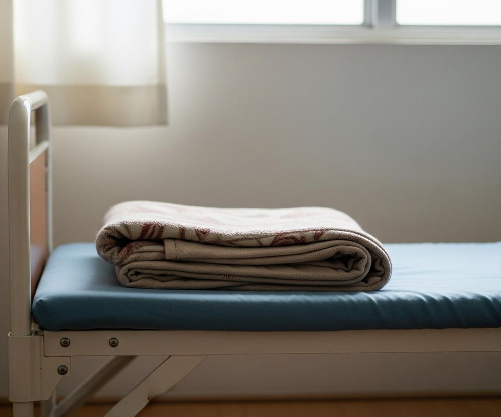 Na łóżku z białą, metalową ramą i niebieskim materacem leży starannie złożony, beżowy koc z czerwonym wzorem. Łóżko ustawione jest pod oknem, zasłoniętym przez jasne, beżowe firanki, które częściowo widać po lewej stronie kadru. Ściana za łóżkiem jest jasna, a pod oknem rozciąga się biały parapet. Po lewej stronie, z tyłu, widać fragment niezidentyfikowanego mebla lub sprzętu medycznego.