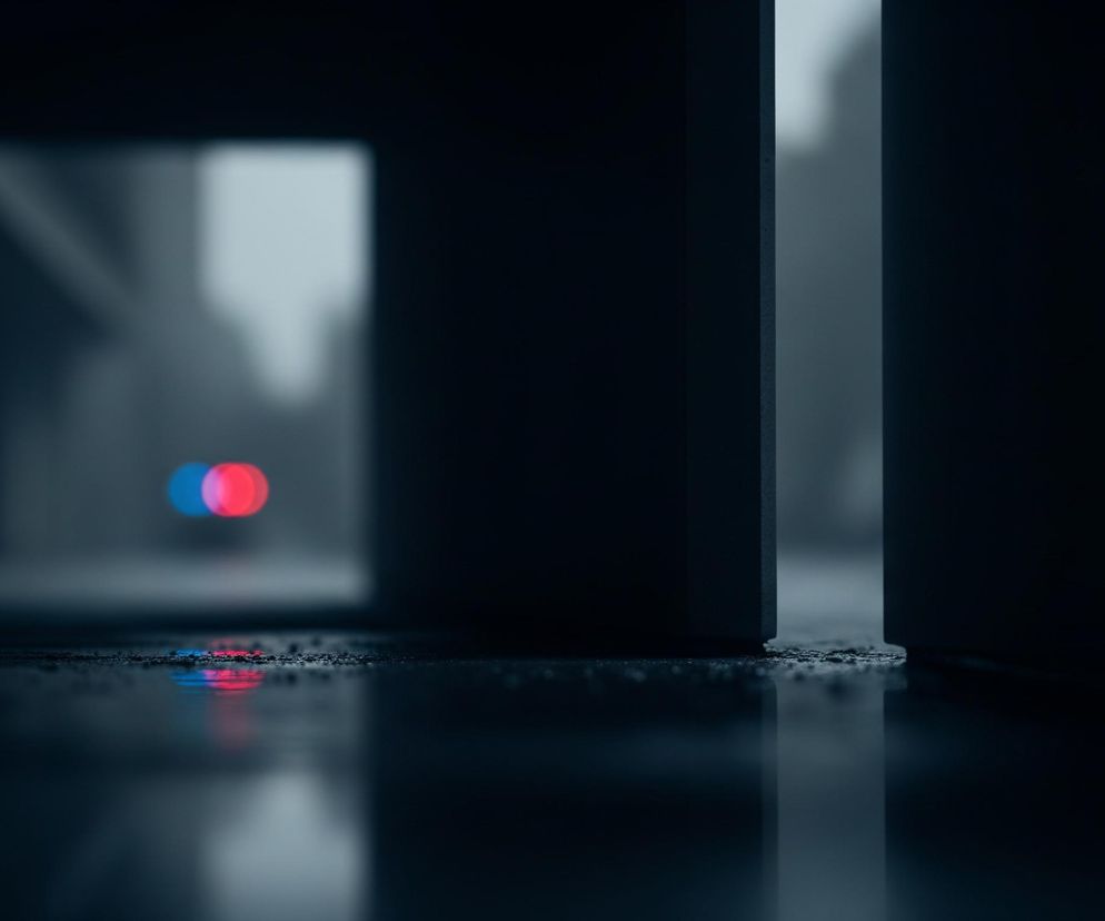 Ciemne, wilgotne środowisko z błyszczącą, prawdopodobnie mokrą nawierzchnią na pierwszym planie, odzwierciedlającą otoczenie. Po lewej stronie widoczne są dwa rozmyte, intensywnie świecące kręgi – jeden czerwony i jeden niebieski – których odbicia w tych samych kolorach są widoczne na mokrej powierzchni. Po prawej stronie znajdują się dwa ciemne, pionowe słupy lub ściany, tworzące wąskie przejście, przez które prześwituje jasne, rozmyte światło. Ogólna kolorystyka jest utrzymana w ciemnych odcieniach niebieskiego, szarości i czerni, z kontrastującymi jasnymi punktami świateł.