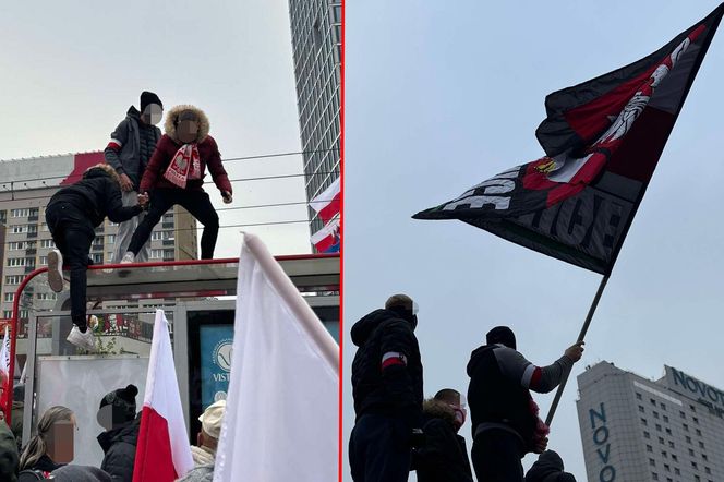 Uczestnicy Marszu Niepodległości weszli na przystanek autobusowy. Policjanci zatrzymują kolejne osoby