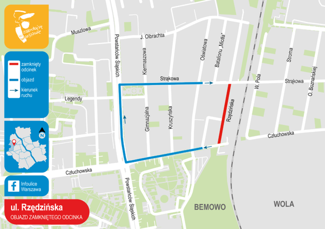 Zamknięta ulica Rzędzińska na Bemowie