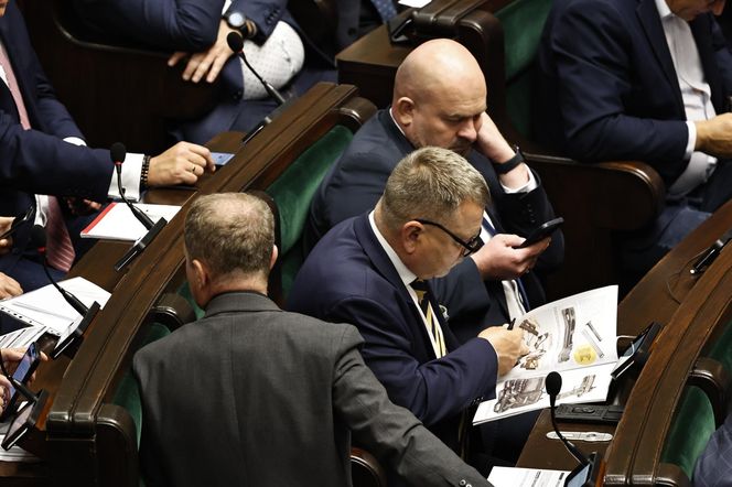 W  czasie obrad Sejmu poseł przeglądał katalog z bronią