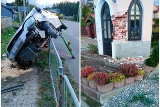 Samochód osobowy uderzył w przydrożną kapliczkę. Są utrudnienia na trasie Kraśnik-Lublin. Zobacz zdjęcia