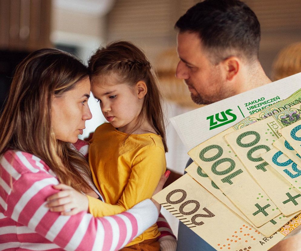 Zaniepokojona matka obejmuje córkę, patrząc z troską, podczas gdy w tle widoczne są banknoty oraz dokumenty z logo ZUS. Obraz symbolizuje wyzwania związane z rentą rodzinną i jej wpływem na bezpieczeństwo finansowe dzieci, o czym można przeczytać na portalu Super Biznes.