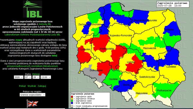 Zagrożenie pożarowe w polskich lasach, dane z 28.07.2020