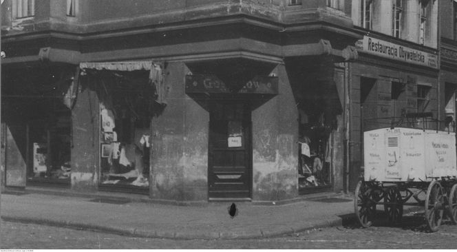 Witryny sklepowe w Toruniu. Widoczny wóz z nabiałem.