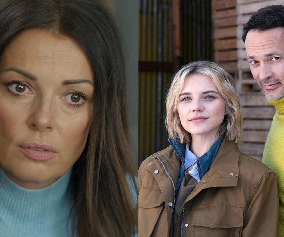 Katarzyna Glinka (Kasia) w jasnoniebieskim swetrze z golfem, spoglądająca z powagą, obok niej Oliwia Drożdżyk (Janka) w brązowej kurtce i Rafał Cieszyński (Mariusz) w żółtym golfie. Zdjęcie ilustruje odcinek serialu „Barwy szczęścia”, o którym można przeczytać na Super Seriale.