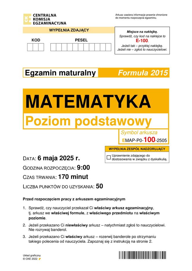 Matura 2025: matematyka 6.05.2025. Arkusze CKE i odpowiedzi. Poziom podstawowy 1 i 2 część [Formuła 2015]