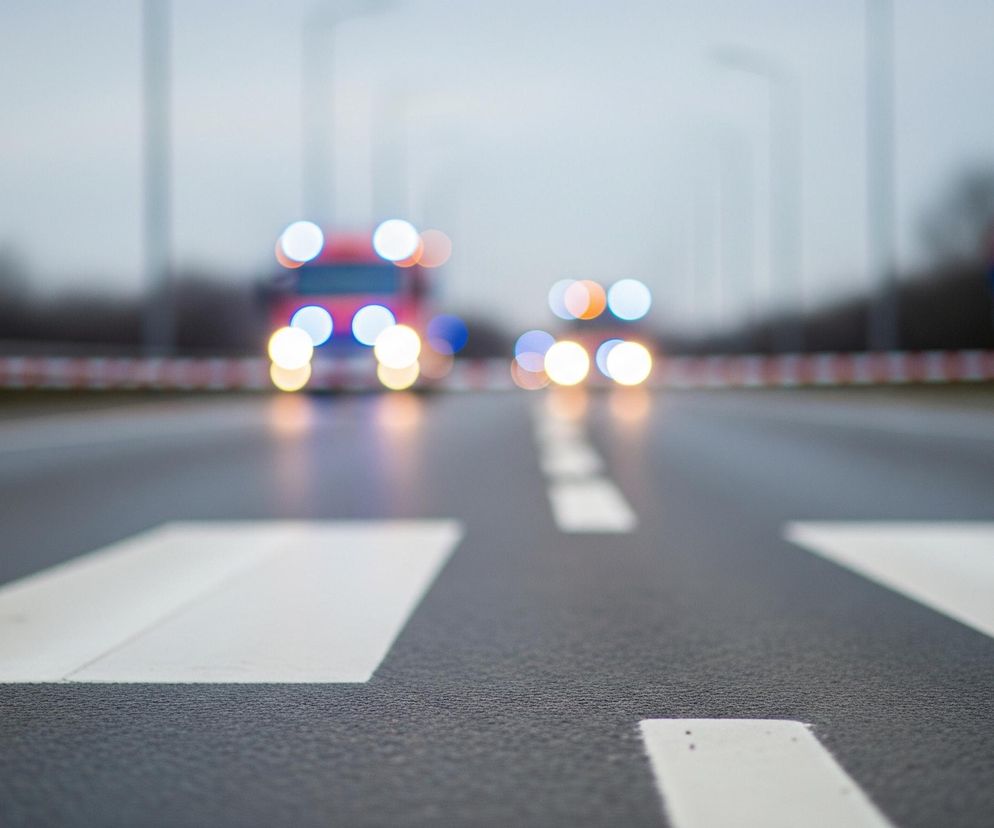 Na pierwszym planie widoczna jest asfaltowa droga, na której namalowane są białe, prostokątne pasy sugerujące przejście dla pieszych. Droga jest szara, a jej powierzchnia wydaje się lekko wilgotna lub chropowata. W oddali, w centrum kadru, widać rozmyte światła pojazdów, głównie czerwone i pomarańczowe, a także niebieskie i białe, które tworzą efekt bokeh. Po obu stronach drogi rozciąga się niewyraźne, poziome pasmo, które może być barierką lub taśmą zabezpieczającą, z widocznymi czerwono-białymi elementami. Tło stanowi zamglony krajobraz z niewyraźnymi sylwetkami drzew i słupów.