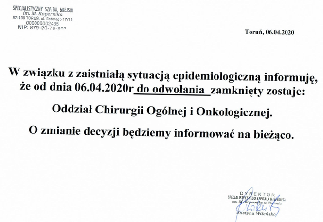 SSM w Toruniu zamyka Chirurgię Ogólną! To trzeci oddział, który wykluczył koronawirus!