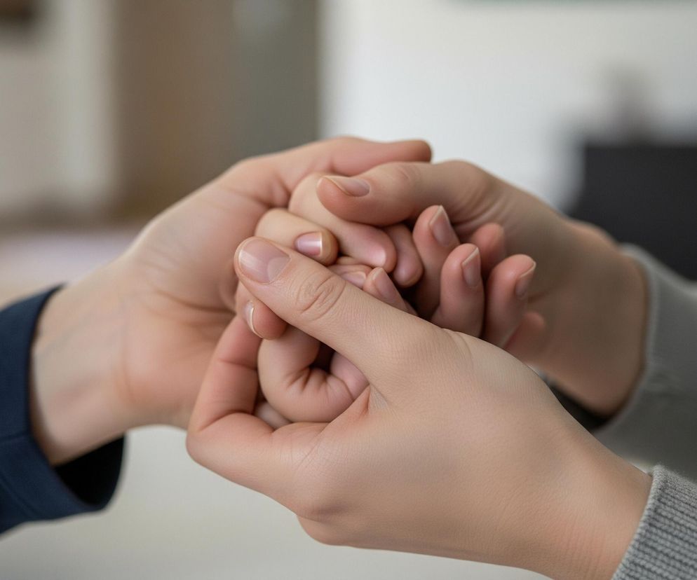 Dwie osoby trzymają się za ręce w czułym geście. Dłonie o jasnej karnacji, starannie splecione, zajmują centralną część kadru. Lewa ręka ubrana jest w ciemnogranatowy rękaw, a prawa w jasnoszary, dzianinowy sweter. Tło jest rozmyte, ukazując jaśniejsze i ciemniejsze odcienie beżu i szarości.