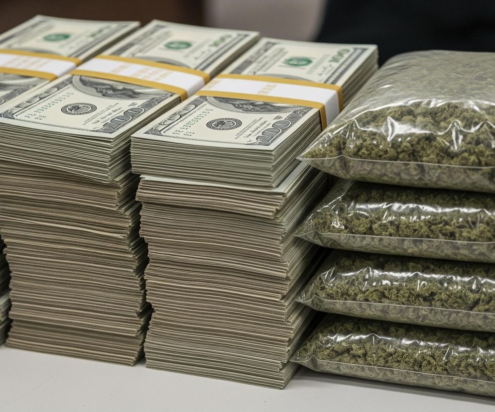 Na pierwszym planie widoczne są stosy banknotów stu dolarowych oraz cztery przezroczyste plastikowe woreczki wypełnione suszem roślinnym w odcieniach zieleni, prawdopodobnie marihuaną. Po lewej stronie obrazu ułożono sześć równych stosów banknotów, każdy owinięty dwiema opaskami: białą i żółtą, z widocznym napisem 100 na każdym banknocie. Po prawej stronie, obok banknotów, leżą na sobie cztery przezroczyste woreczki, ukazując ich zawartość – rozdrobnione zielone liście i pąki. Całość spoczywa na jasnej, płaskiej powierzchni, a tło jest ciemniejsze i niewyraźne.