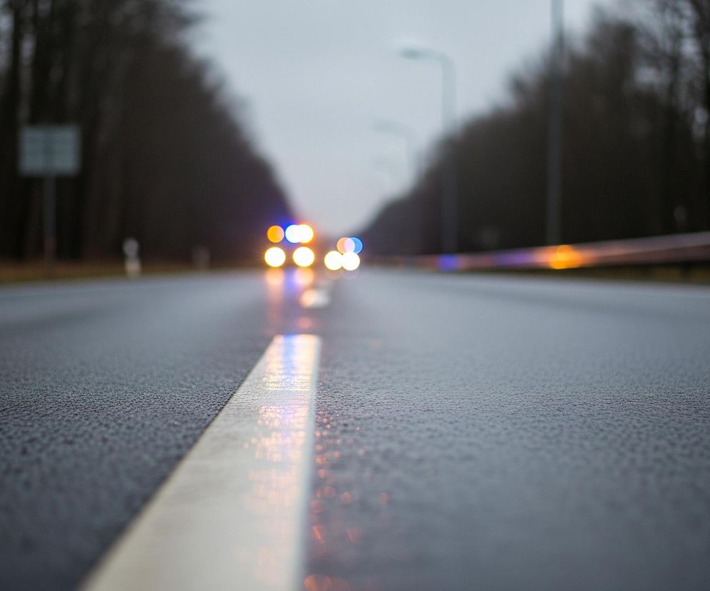 Ciemna, mokra nawierzchnia asfaltowej drogi biegnie prosto w głąb kadru. Pośrodku znajduje się wyraźna, biała linia ciągła, odbijająca rozproszone światło. W oddali widać rozmyte, jasne punkty świetlne – pomarańczowe i niebieskie – sugerujące nadjeżdżające pojazdy. Po obu stronach drogi rozciągają się rozmazane, ciemne sylwetki drzew, a na lewym poboczu majaczy niewyraźny znak drogowy.