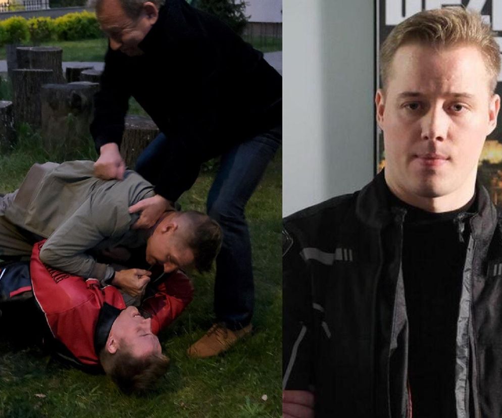 Paweł bije Dominika Walata, który leży na ziemi, natomiast Staszek Popławski ich rozdziela. Obok znajduje się portret Dominika Walata w czarnej kurtce. Więcej informacji o serialu M jak miłość znajdziesz na Super Seriale.