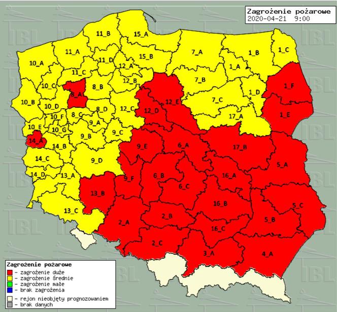 Mapa zagrożenia pożarowego w Polsce 21.04, godz. 9.00