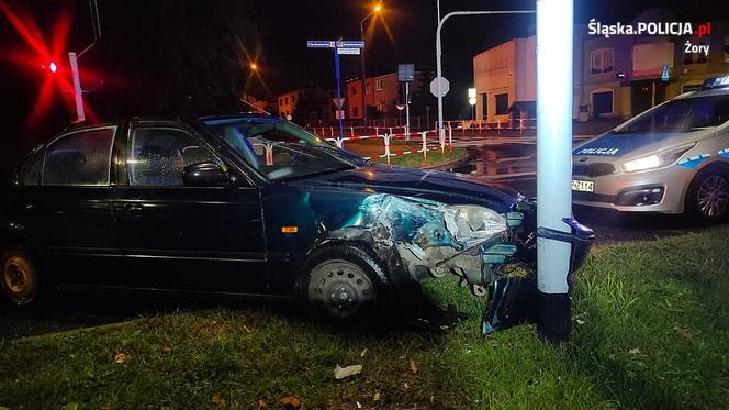 Żory: Pijany Gruzin jechał pod prąd i przydzwonił w latarnię. Ukrył się krzakach