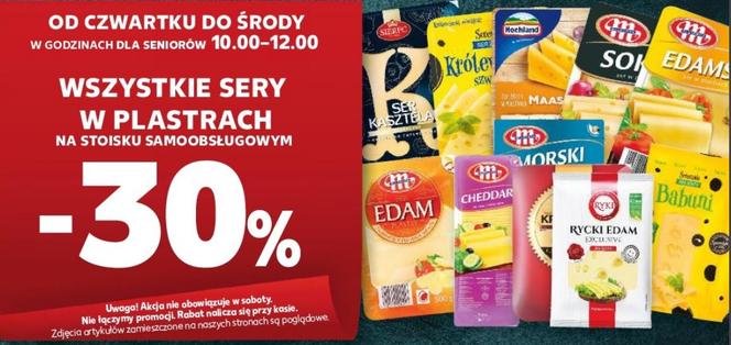 Wszystkie sery w plastrach tańsze o 30 proc. Specjalna oferta jest też na ser żółty gouda Łowicz (1,59/100 g), ser radamer Spomlek (1,99 zł/100 g , ser rambol orzechowy, obłożony włoskimi orzechami (5,49 zl/100 g).