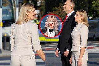 Ewa Minge o kreacji Marty Nawrockiej: Dała sobie przestrzeń do kobiecości!. Zwróciła uwagę na odważne wycięcia w spodniach!