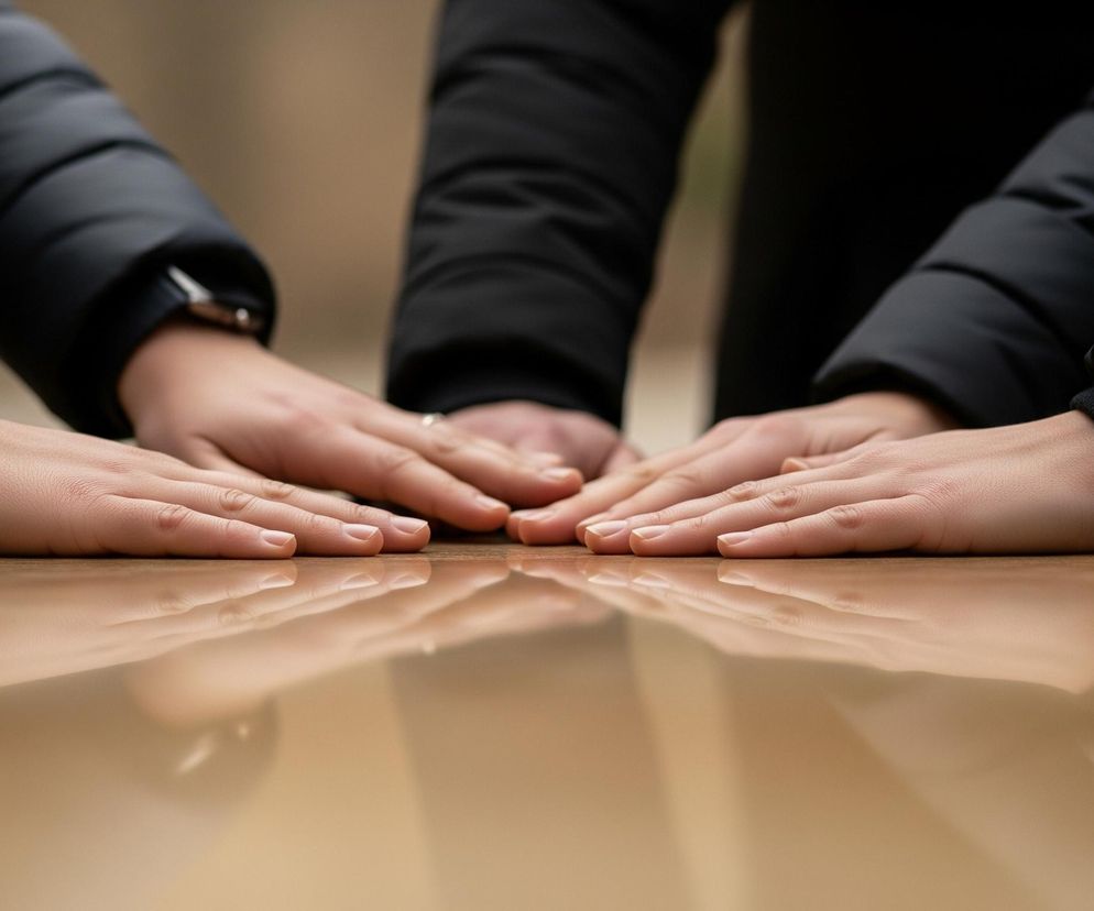 Pięć dłoni o jasnej karnacji, w tym jedna z widocznym srebrnym pierścionkiem na palcu serdecznym, leży płasko na błyszczącej, brązowo-złotej powierzchni. Dłonie są ułożone blisko siebie, tworząc centralny punkt kadru. W tle, częściowo widoczne są ręce i przedramiona czterech osób, ubrane w czarne, pikowane kurtki, co sugeruje chłodne warunki. Jasne światło padające z niewidocznego źródła oświetla dłonie i powierzchnię, tworząc subtelne odbicia.