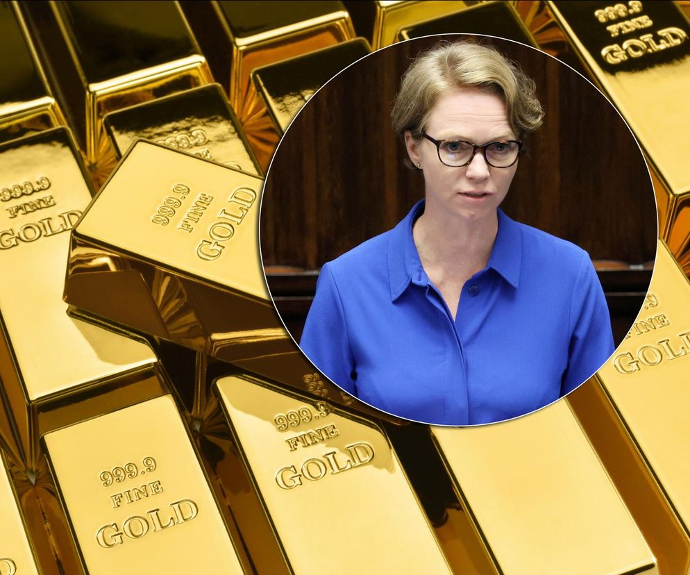 Marta Kightley, pierwsza wiceprezes NBP, w okrągłej ramce na tle złotych sztabek, co symbolizuje zwiększenie udziału złota w rezerwach walutowych NBP. O strategicznych decyzjach banku w dobie globalnej niepewności przeczytasz na Super Biznes.