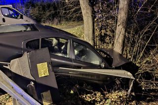 Szalony rajd kierowcy w Brodach. Trzy uszkodzone auta i finał na drzewie