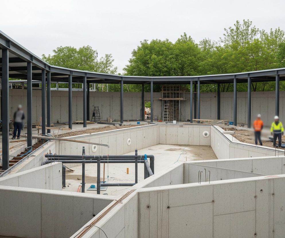 Centralną część obrazu zajmuje niedokończony, rozległy basen lub zbiornik wodny, wykonany z jasnoszarego betonu, o nieregularnym kształcie, z licznymi przegrodami i rurami instalacyjnymi widocznymi na dnie. Wokół basenu rozciąga się metalowa konstrukcja wspierająca dach, złożona z ciemnoszarych belek i słupów, tworząc korytarz lub zadaszoną przestrzeń. W tle widać pracowników budowy w odblaskowych kamizelkach oraz zielone drzewa, a niebo jest zachmurzone.