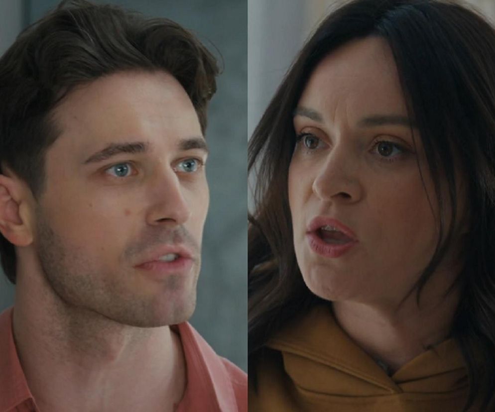 Bliskie ujęcia twarzy Marii Dejmek jako Natalii i Marcela Opalińskiego jako Cezarego z serialu Barwy szczęścia. Natalia, po prawej stronie, ma zdenerwowany wyraz twarzy, otwarte usta i brązowe włosy. Cezary, po lewej, ma niebieskie oczy i poważne spojrzenie, wyraźnie rozmawiający z żoną. Więcej o ich losach na Super Seriale.