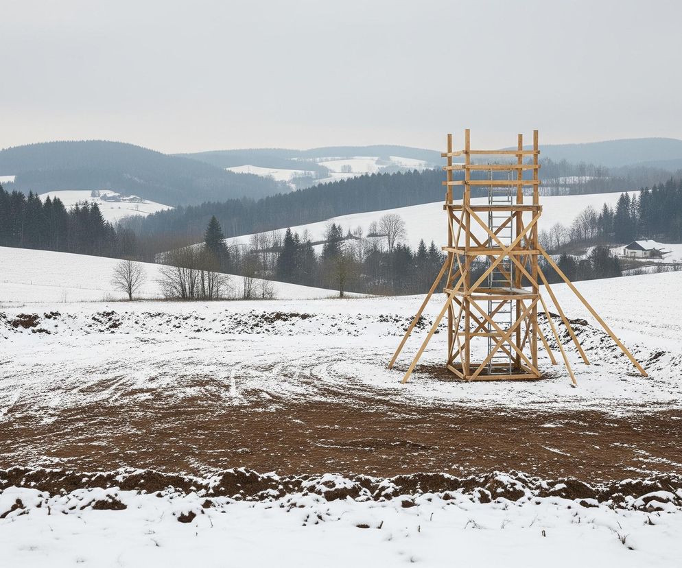 Pośrodku kadru dominuje jasnobrązowa drewniana wieża obserwacyjna z metalową drabiną wewnątrz, stojąca na zaoranym, brązowym polu częściowo pokrytym śniegiem. Obszar wokół wieży i przed nią to śnieżne, nierówne pola, z widocznymi śladami na ziemi i wzniesieniami gleby. W tle rozciąga się pagórkowaty krajobraz z lasami iglastymi i nielicznymi nagimi drzewami liściastymi, a na horyzoncie majaczą odległe wzgórza pod szarym, zachmurzonym niebem.
