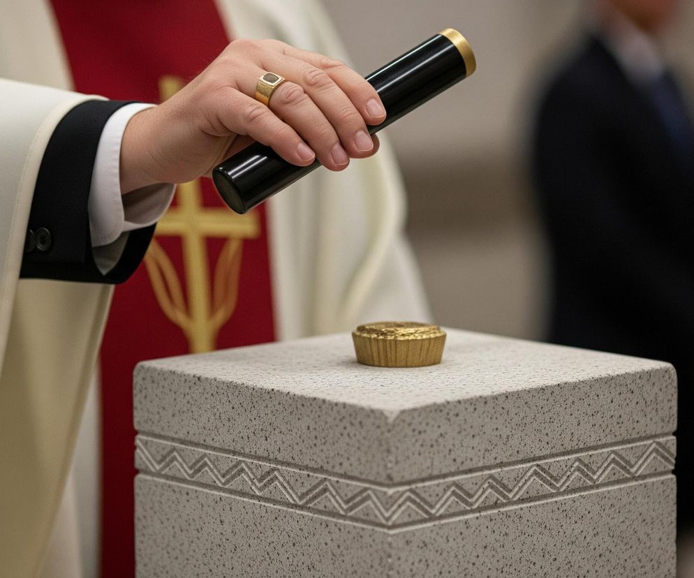 Ręka w białej szacie kapłańskiej, z czarną obszywką rękawa i złotym pierścieniem na palcu serdecznym, trzyma czarny, cylindryczny przedmiot ze złotym elementem na jednym końcu, zbliżający go do jasnoszarego, kamiennego postumentu. Na wierzchu postumentu leży złoty, karbowany przedmiot w kształcie małej babeczki. Postument jest ozdobiony rzeźbionym wzorem zygzaków. W tle widać fragment czerwonego materiału ze złotym ornamentem oraz niewyraźną postać w ciemnym garniturze.