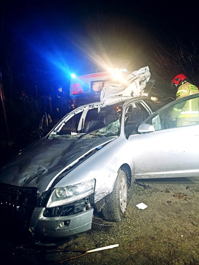 Groźny wypadek w Szymankach. Auto roztrzaskało się po zderzeniu z łosiem [ZDJĘCIA]