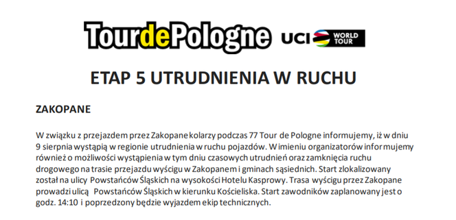 Utrudnienia drogowe ZAKOPANE Tour de Pologne 9.08.2020
