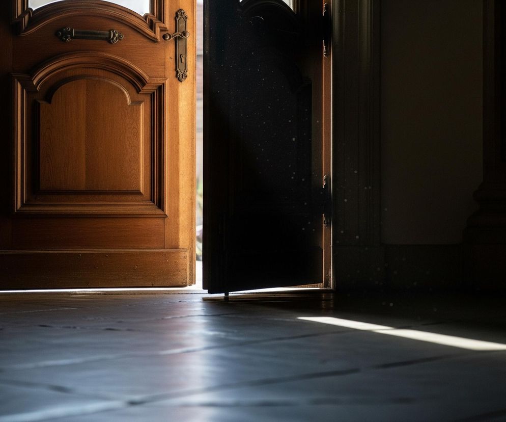 Uchylone, rzeźbione, drewniane drzwi w odcieniach brązu, otwierające się na jasne światło z zewnątrz pośrodku kadru. Po lewej stronie drzwi, zawiasy są widoczne, a ich ciemna, metalowa klamka oraz zdobione okucie zamka znajdują się na wysokości około dwóch trzecich wysokości drzwi. Pomiędzy skrzydłem drzwi a framugą po prawej stronie widać wąską, pionową szczelinę z jasnym, rozproszonym światłem. Podłoga wyłożona jest ciemnymi, kwadratowymi płytkami o delikatnym, geometrycznym wzorze, które odbijają częściowo światło wpadające przez otwarte drzwi, tworząc pasma jasności. Prawa strona obrazu oraz górne partie są pogrążone w cieniu, z fragmentem ciemnej ściany widocznym po prawej stronie.