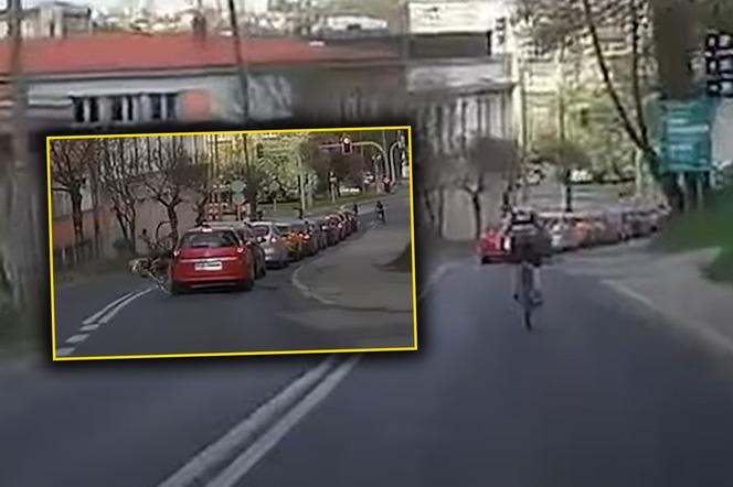 Co ten rowerzysta miał w głowie?! Kolarz przydzwonił na własne życzenie