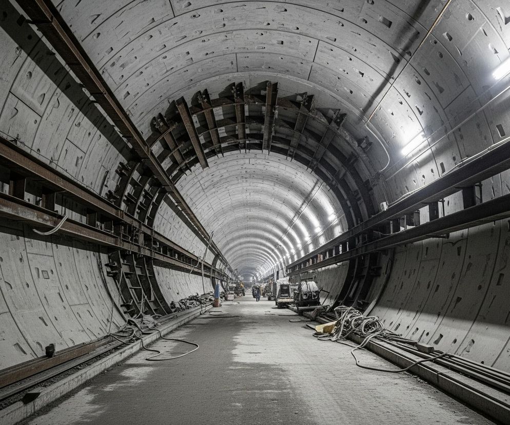 Długi tunel z szarego betonu rozciąga się w głąb obrazu, zwężając się w perspektywie i oświetlony rzędami jaskrawych, białych lamp umieszczonych na suficie. Po obu stronach tunelu widać szeregi betonowych paneli tworzących zaokrąglone ściany, z licznymi wcięciami i otworami o różnych kształtach. Wzdłuż lewej i prawej ściany biegną metalowe konstrukcje, składające się z poziomych belek i pionowych wsporników, miejscami widoczne są zwisające kable. Na podłożu tunelu, pośrodku, znajduje się utwardzona ścieżka, a po jej bokach widoczne są fragmenty torowiska oraz leżące luźno kable i rury. W tle, w oddali, można dostrzec sylwetki kilku osób i maszyn budowlanych.