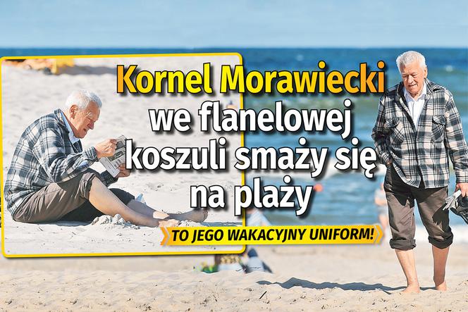 Kornel Morawiecki we flanelowej koszuli smaży się na plaży