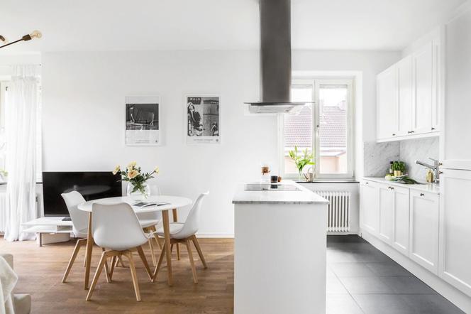 Salon z kuchnią w stylu skandynawskim