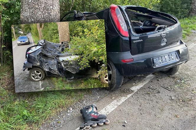 To cud, że jest w jednym kawałku. Skasowała auto o dwa drzewa!