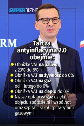 FB SB  Tarcza antyinflacyjna 2.0 obejmie:  - Obniżkę VAT na paliwo z 23% do 8% - Obniżka VAT na żywność do 0% - Obniżka VAT na gaz od 1 lutego do 0% - Obniżka VAT na ciepło do 0% - Niższe opłaty