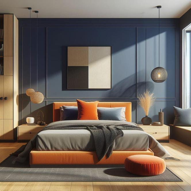 Granatowa ściana w sypialni i pomarańczowe łóżko