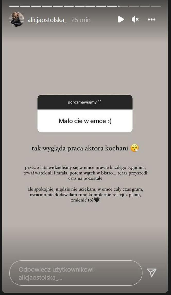 Alicja Ostolska na Instagramie o roli Ali Wrońskiej w "M jak miłość"