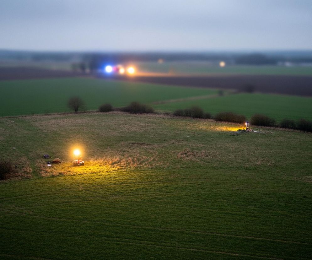 Pola zielonej trawy i brązowej ziemi rozciągają się pod pochmurnym, błękitnym niebem. Dwa jasne reflektory, każdy z własnym źródłem światła, rozjaśniają fragmenty trawiastego terenu w dolnej części obrazu. W oddali, na horyzoncie, widoczne są rozmyte światła pojazdów: dwa niebieskie i dwa pomarańczowe. Pomiędzy polami widać pojedyncze drzewo i niskie krzewy.