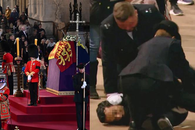 Szok przy trumnie królowej. Mężczyzna powalony na ziemię i aresztowany. 
