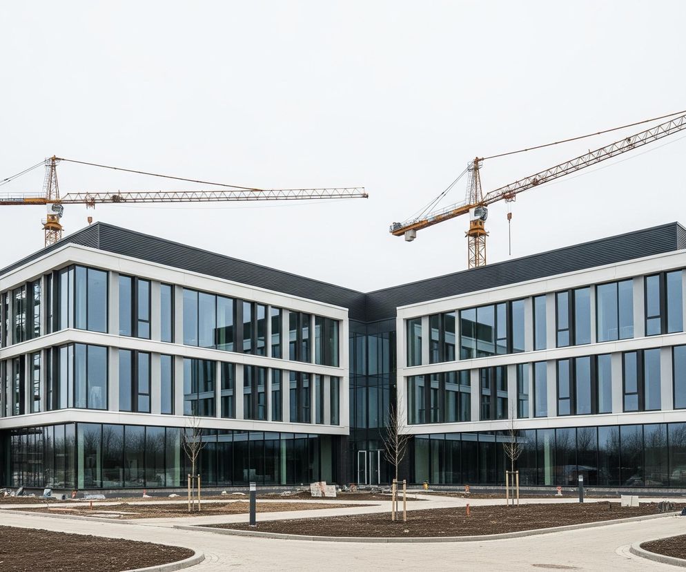 Nowoczesny budynek biurowy w kształcie litery V w trakcie budowy lub wykańczania, z dwiema dużymi żółtymi dźwigami wieżowymi w tle, rozmieszczonymi symetrycznie nad każdą częścią budynku. Fasada budynku składa się z dużych, prostokątnych, ciemnych okien odbijających otoczenie i białych paneli elewacyjnych. Lewa część budynku jest częściowo pokryta rusztowaniem, a na pierwszym planie znajdują się niezagospodarowane tereny ziemi i chodniki z kostki brukowej, sugerujące prace krajobrazowe.
