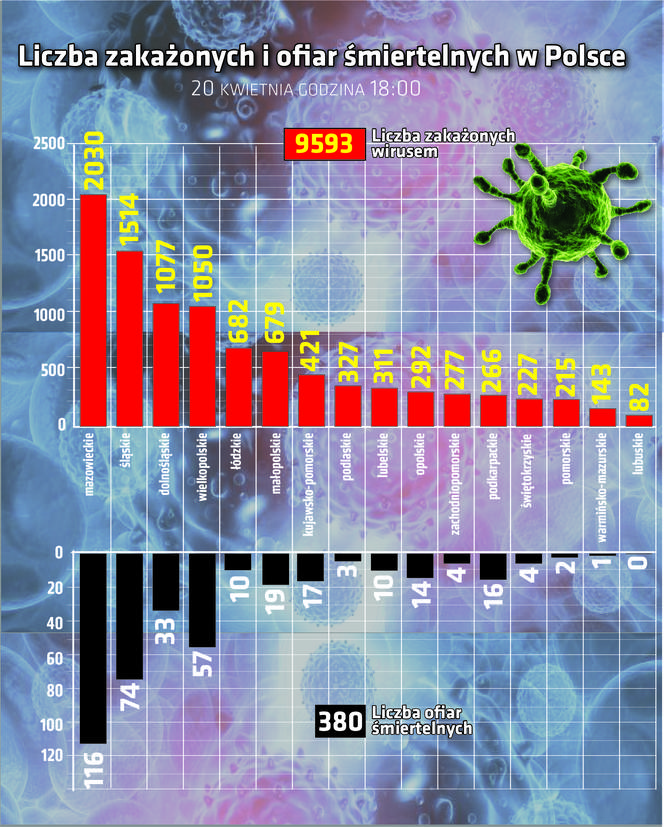 Koronawirus 20.04.2020 r, godz. 18. Zobacz aktualne wykresy i dane