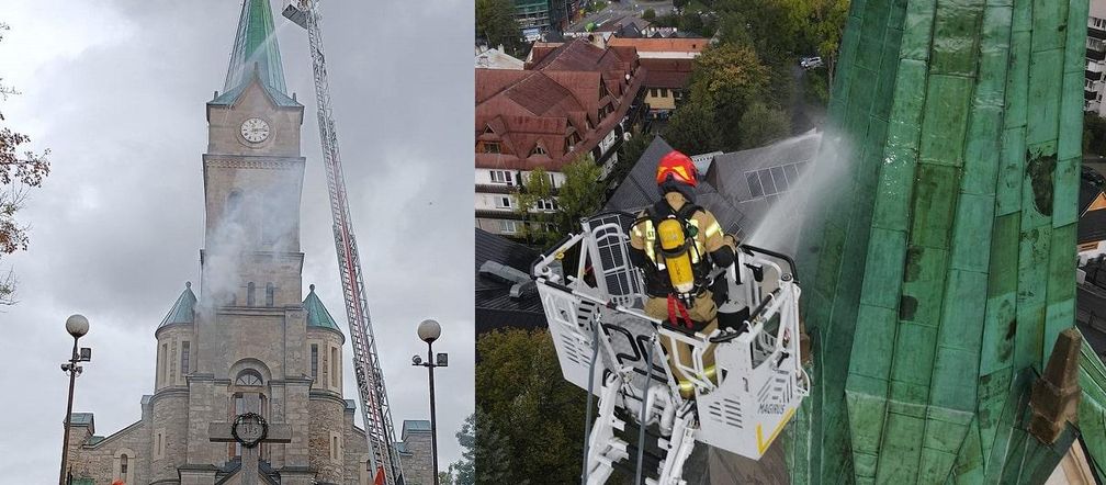 Dym przy Sanktuarium Świętej Rodziny na Krupówkach. Ćwiczenia strażaków w Zakopanem