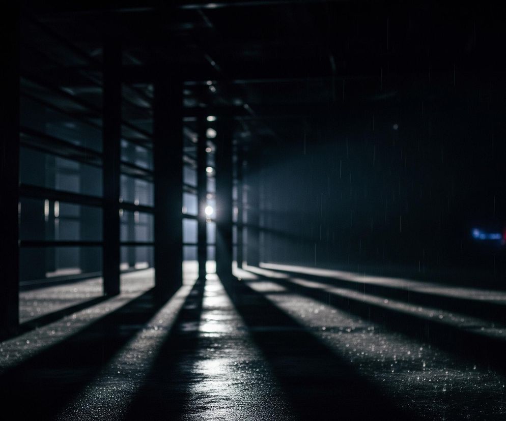 Słabo oświetlone wnętrze hali z rzędem pionowych słupów po lewej stronie tworzy wyraźne cienie na mokrej, lśniącej posadzce. Światło z odległego źródła na wprost rzuca długie, równoległe cienie, rozświetlając centralną część podłoża. Na ciemnym tle po prawej stronie majaczą niewyraźne, rozmazane plamy światła w kolorach niebieskim i czerwonym, a cała scena spowita jest deszczem, którego krople widać jako smugi.